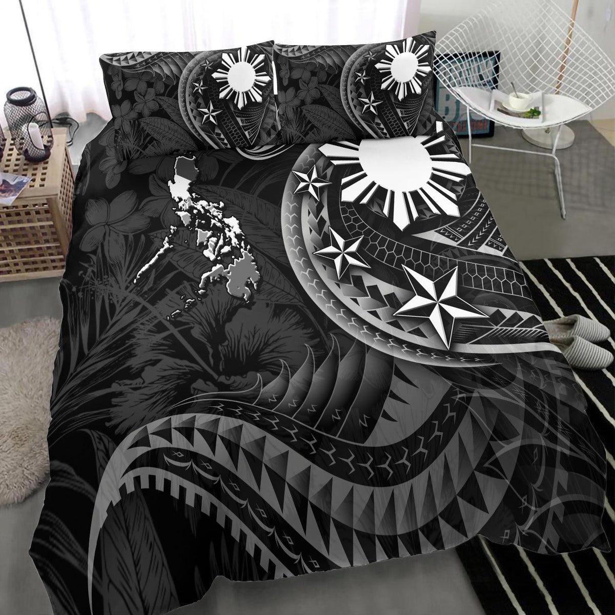 Philippines Filipinos Bedding Set Philippines Sun Tribal Patterns Tropical Flowers Curve Style