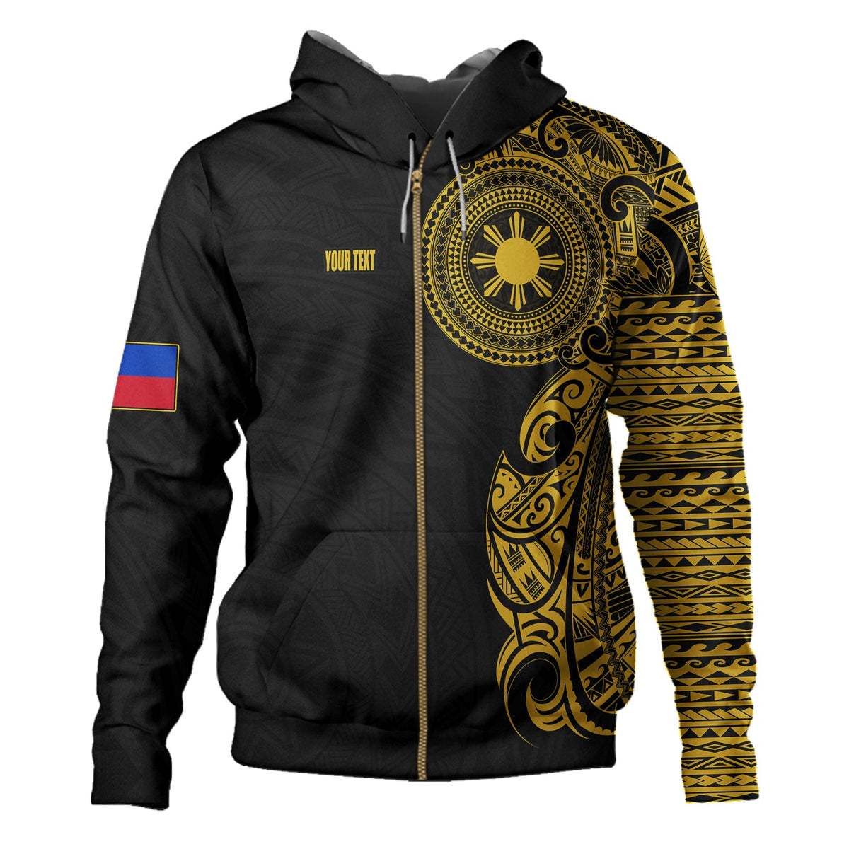 Philippines Filipinos Hoodie Custom Polynesian Half Sleeve Gold Tattoo With Seal Black-Myprintsy