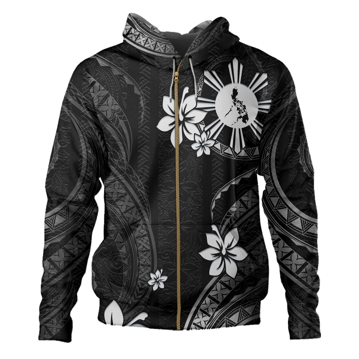 Philippines Filipinos Hoodie Philippines White Hibiscus Flowers Tribal Pattern-Myprintsy