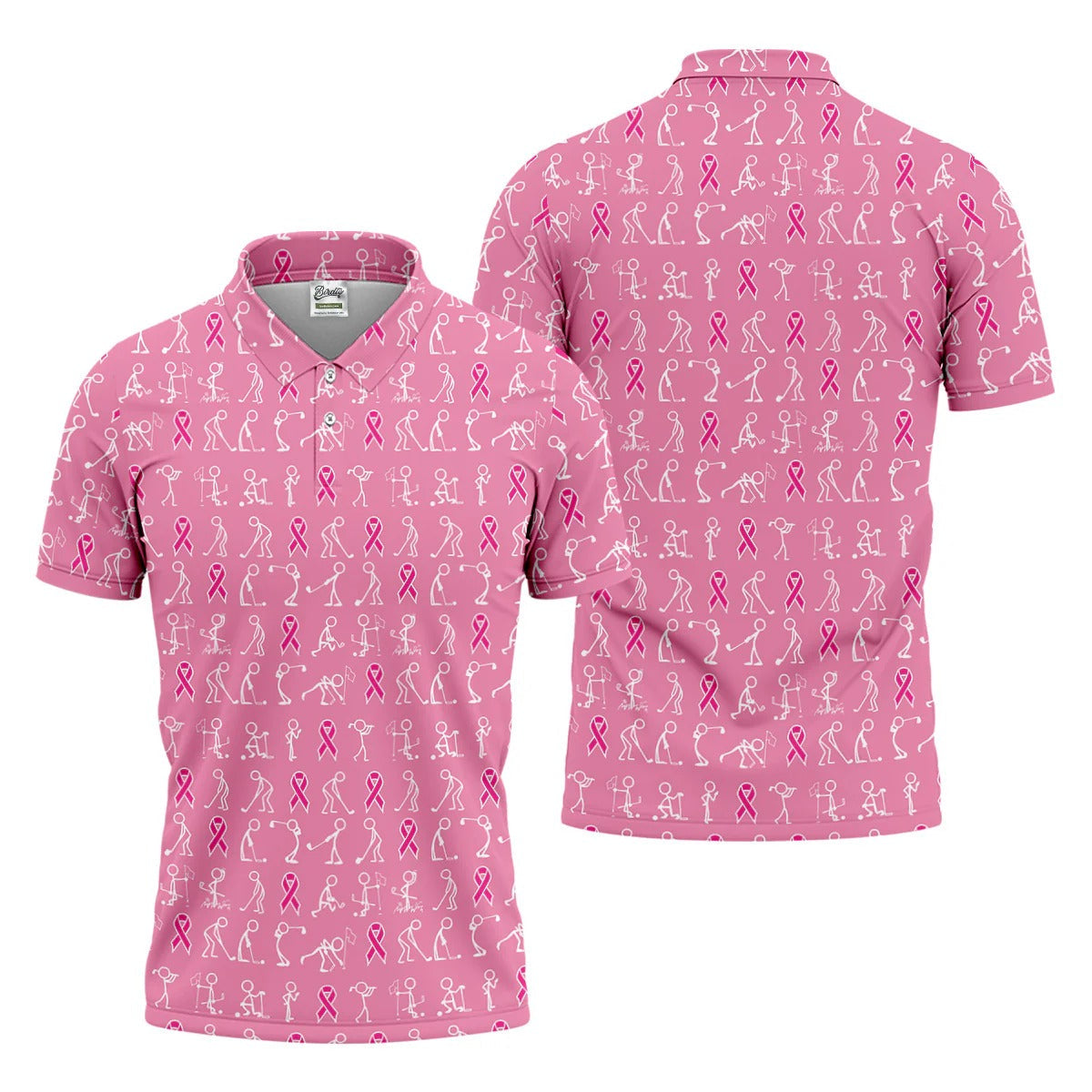 Pink Ribbon Golf Polo - Funny Stick Figure Men's Golf, Breast Cancer Awareness Shirts-Myprintsy
