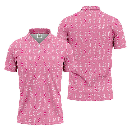 Pink Ribbon Golf Polo - Funny Stick Figure Men's Golf, Breast Cancer Awareness Shirts-Myprintsy