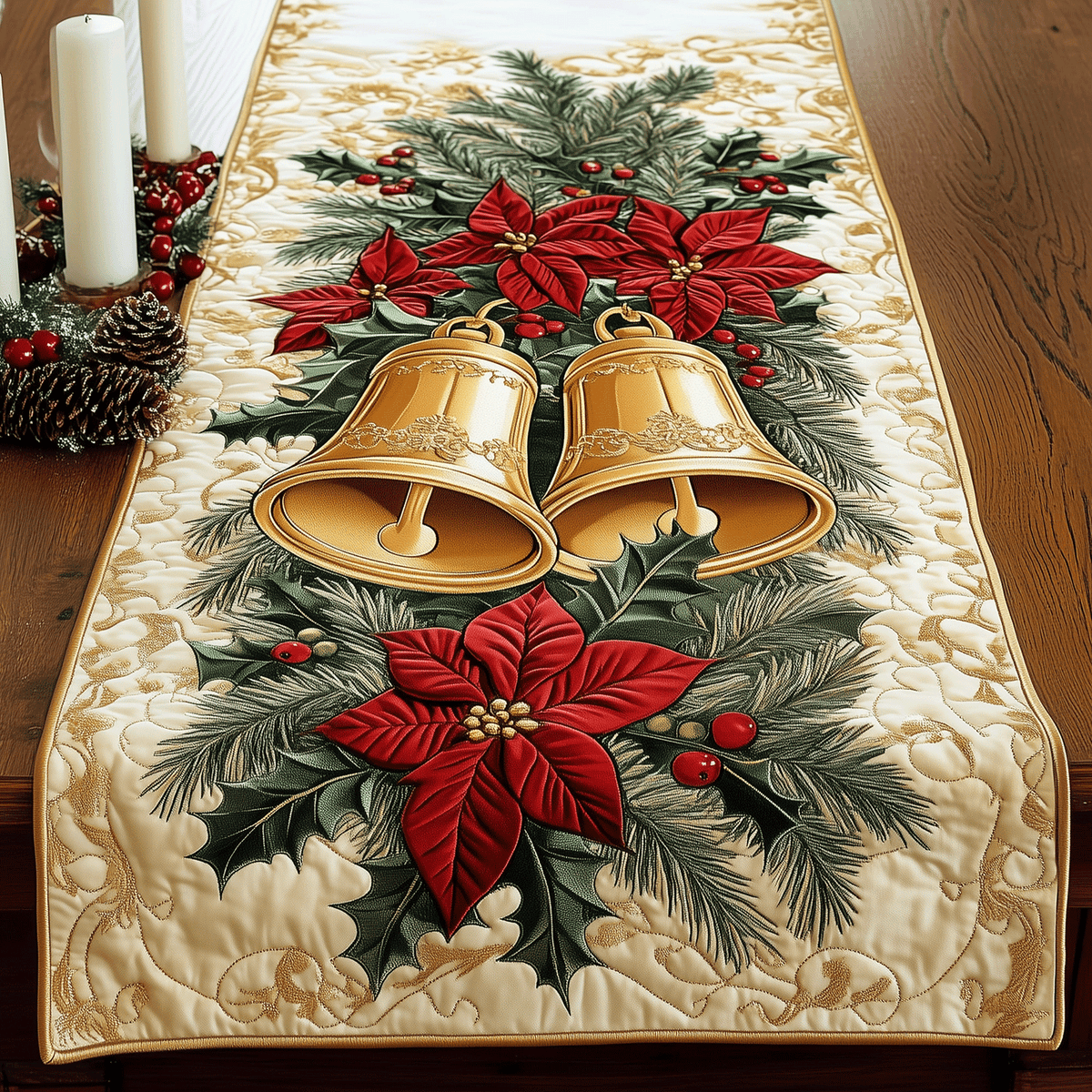 Poinsettia Bell Bliss Quilted Table Runner VTQ-Myprintsy