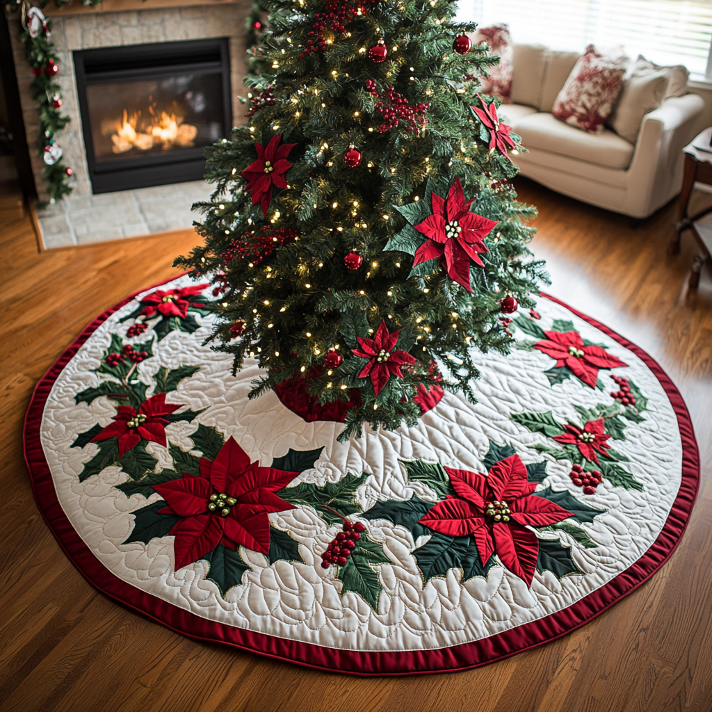 Poinsettia Bloom Christmas Quilted Tree Skirt-Myprintsy