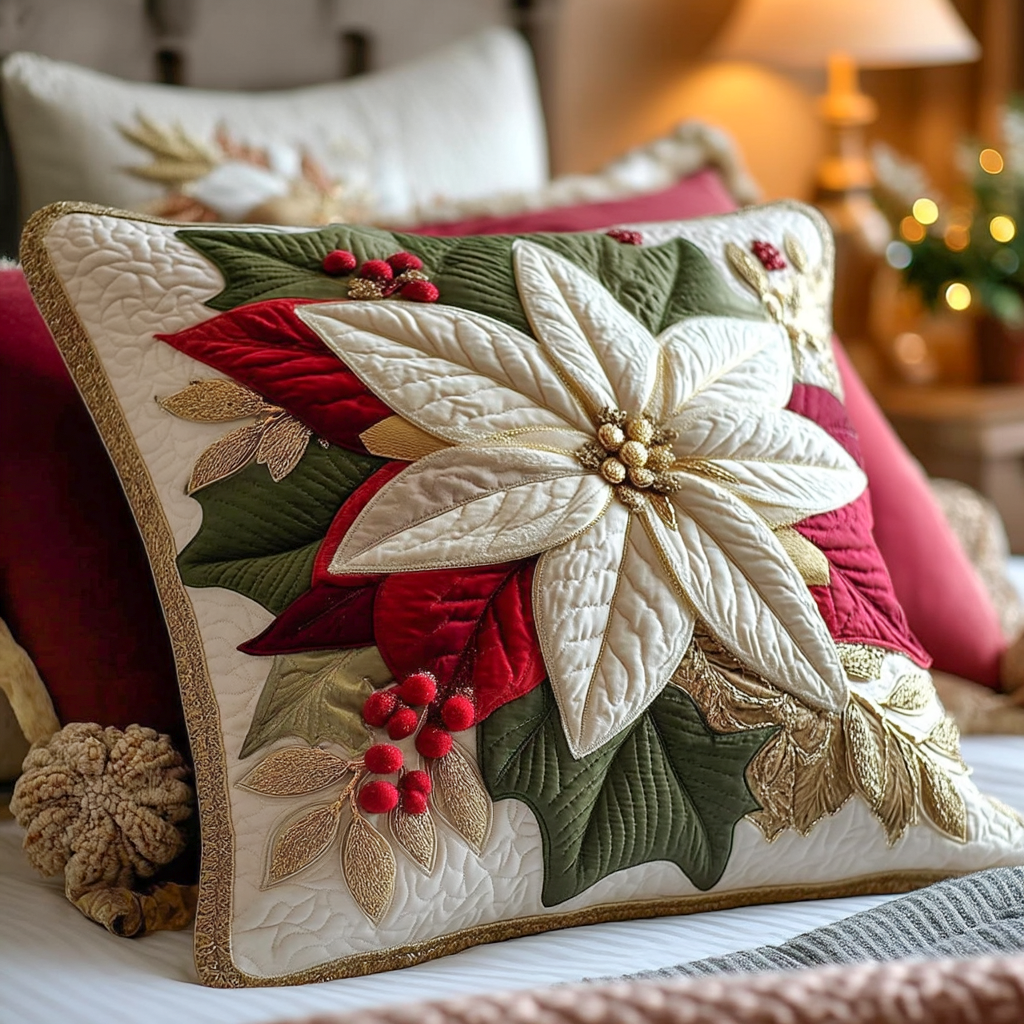 Poinsettia Christmas Bloom Quilted Pillow Case VTQ-Myprintsy