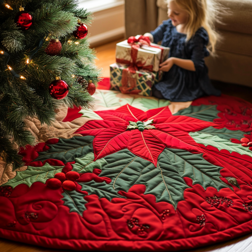 Poinsettia Delight Quilted Christmas Tree Skirt VTQ-Myprintsy