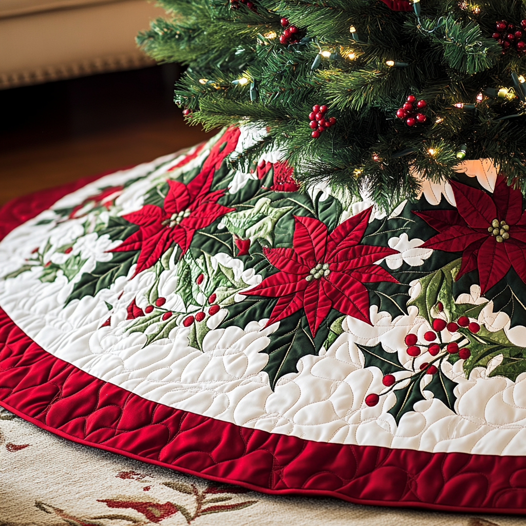 Poinsettia Elegance Christmas Quilted Tree Skirt VH VTQ-Myprintsy