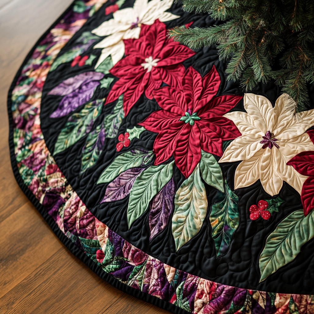 Poinsettia Garland Christmas Quilted Tree Skirt VH-Myprintsy