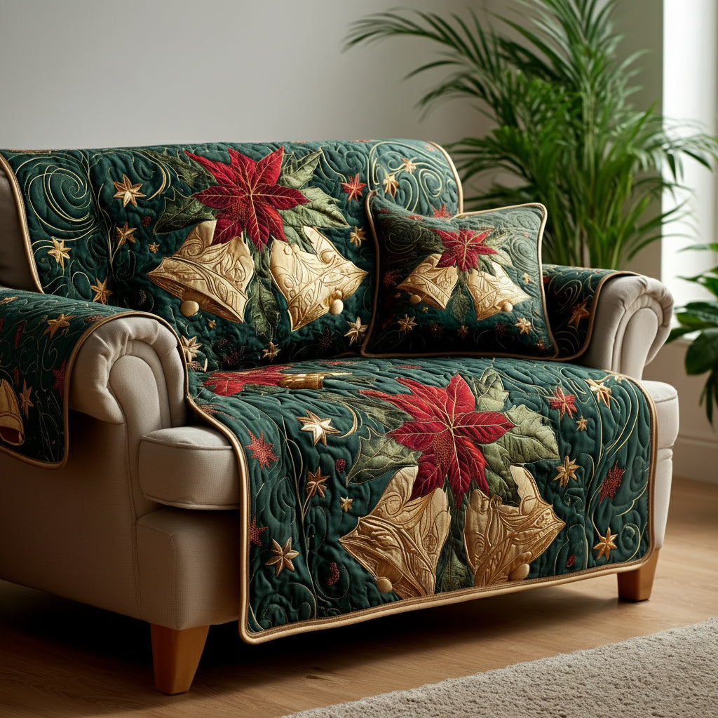 Poinsettia Holly Bells Quilted Sofa Cover VTQ-Myprintsy