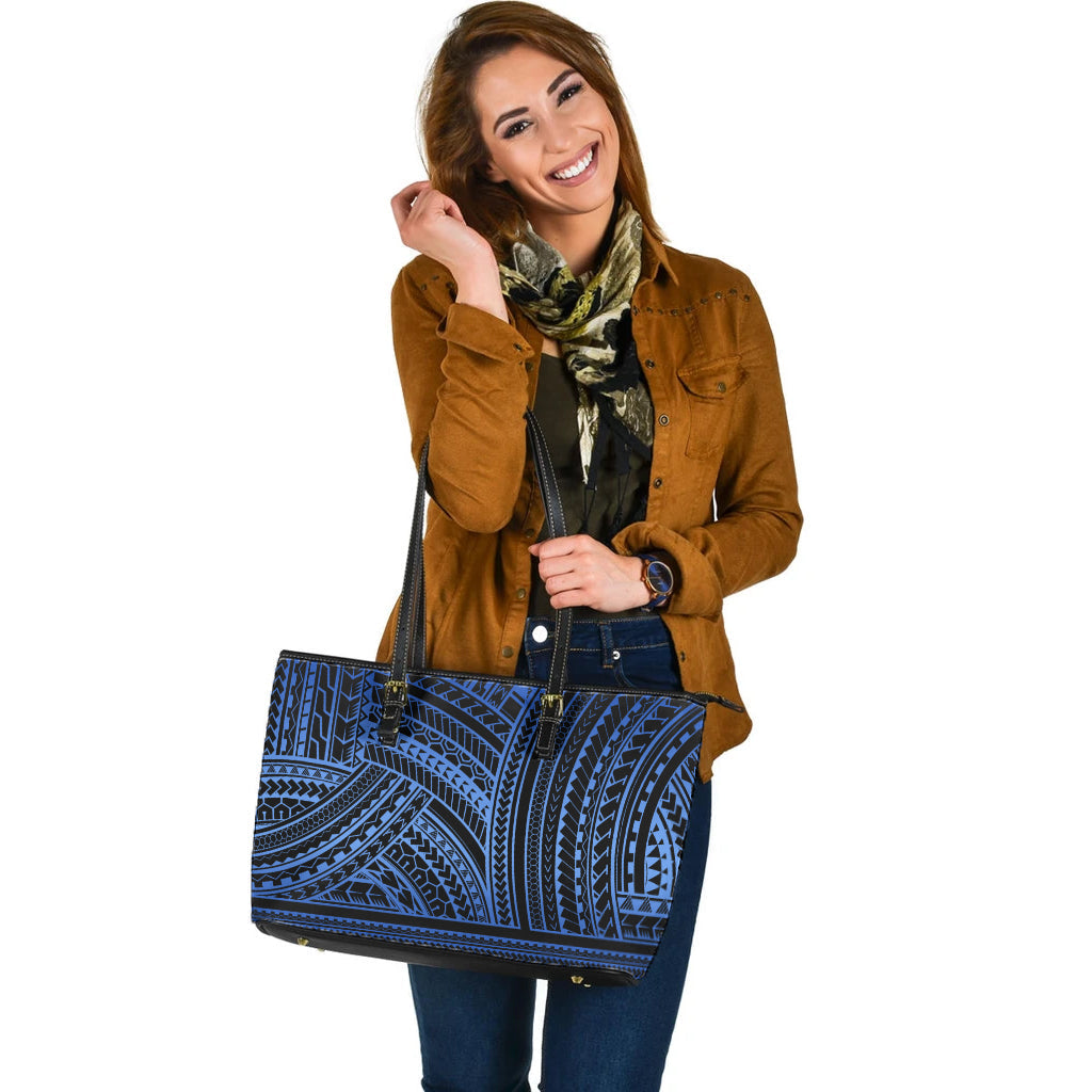Polynesia Leather Tote Bag Pattern Tattoo Blue-Myprintsy