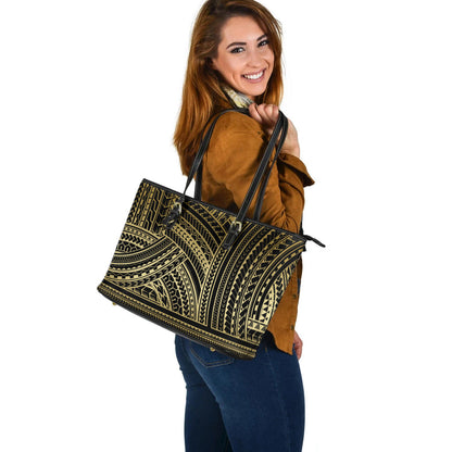 Polynesia Leather Tote Bag Pattern Tattoo Gold