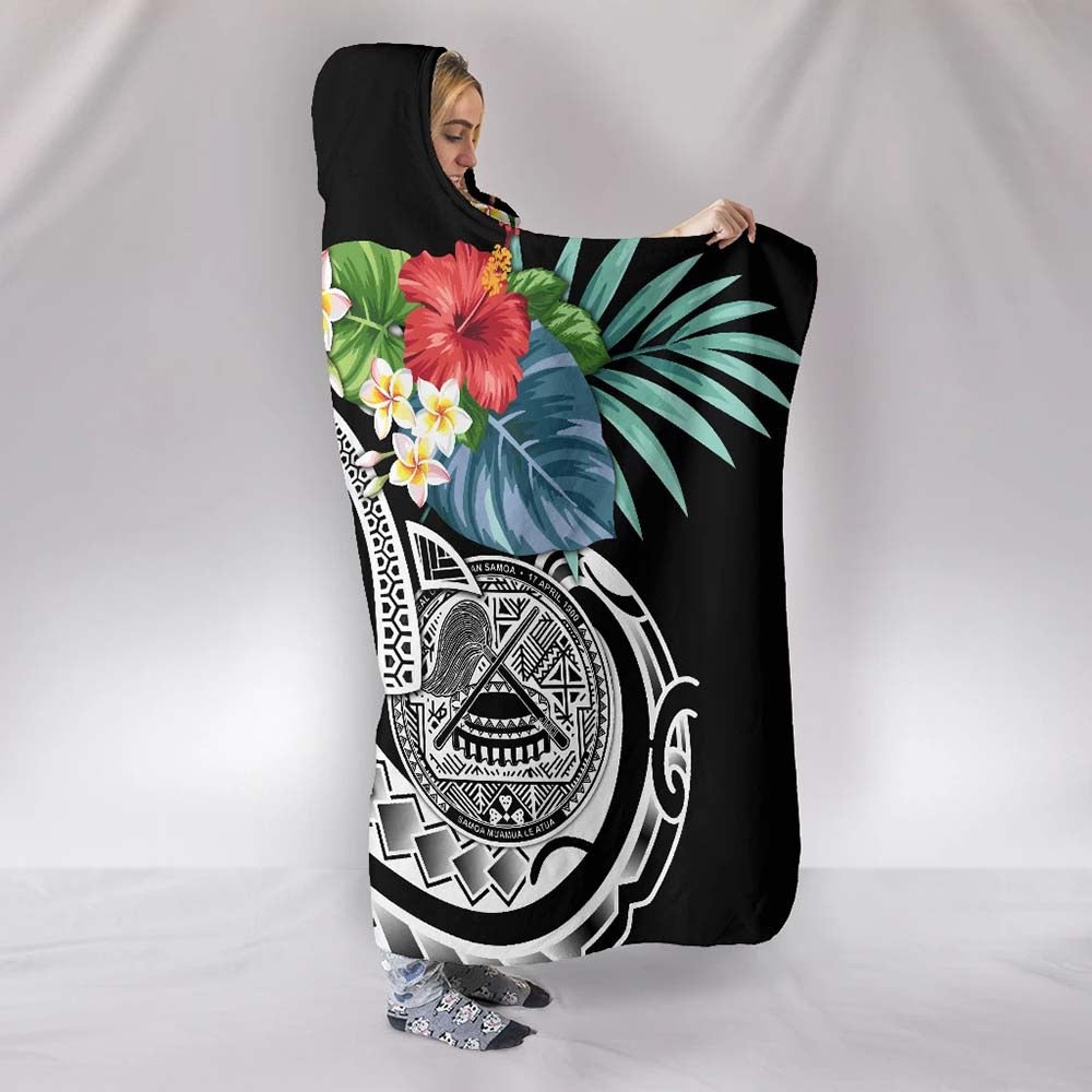 Polynesian American Samoa Hooded Blanket - Summer Plumeria (Black)-Myprintsy