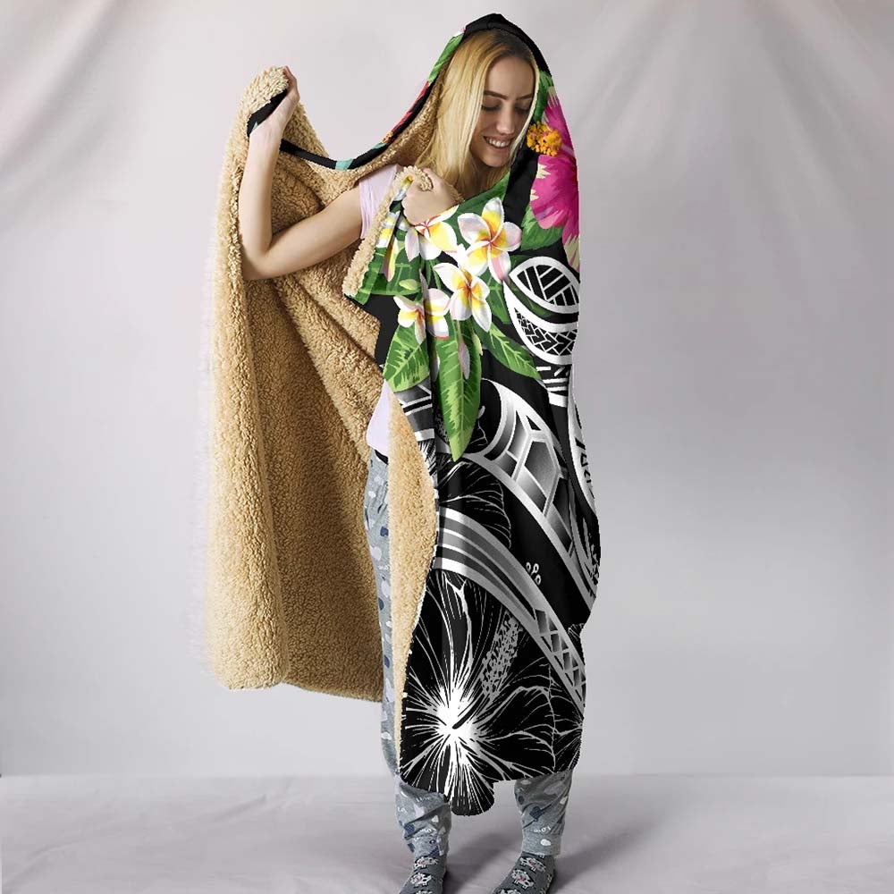 Polynesian American Samoa Hooded Blanket - Summer Plumeria (Black)-Myprintsy
