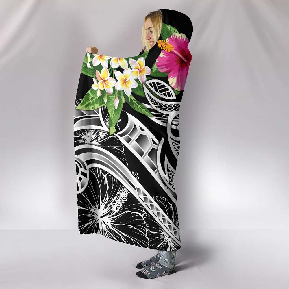 Polynesian American Samoa Hooded Blanket - Summer Plumeria (Black)-Myprintsy