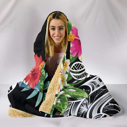 Polynesian American Samoa Hooded Blanket - Summer Plumeria (Black)-Myprintsy