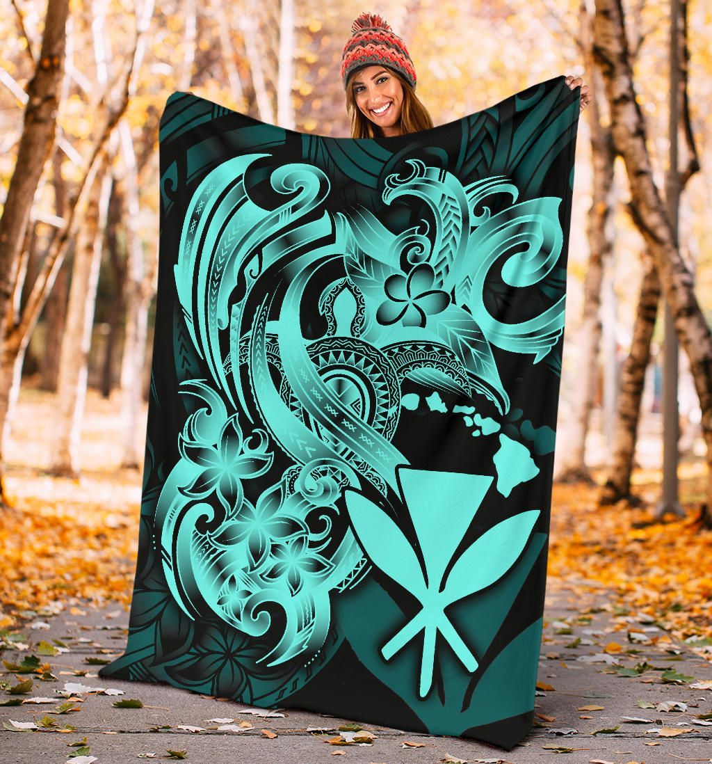 Polynesian Hawaii All Over Premium Blanket - Kanaka Maoli Blue Turtle-Myprintsy