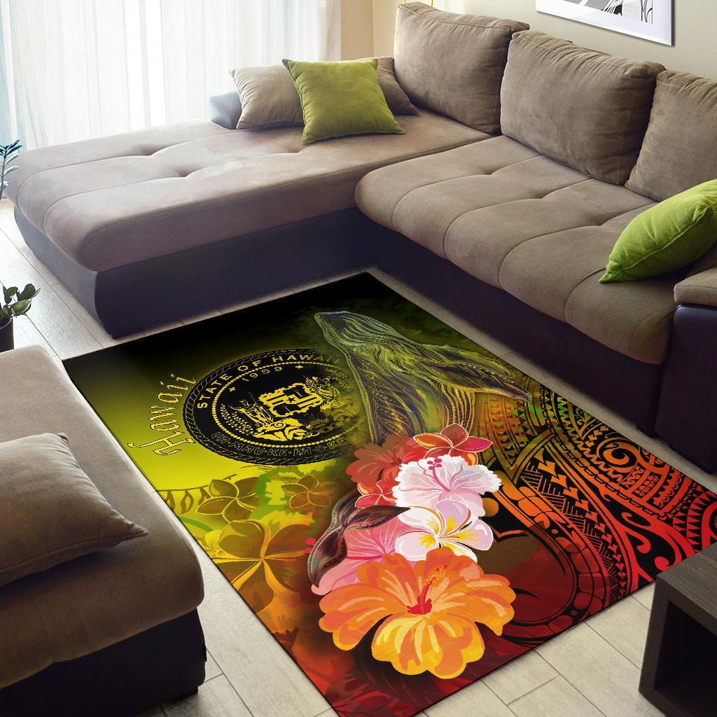 Polynesian Hawaii Area Rug - Humpback Whale with Tropical Flowers (Yellow)-Myprintsy