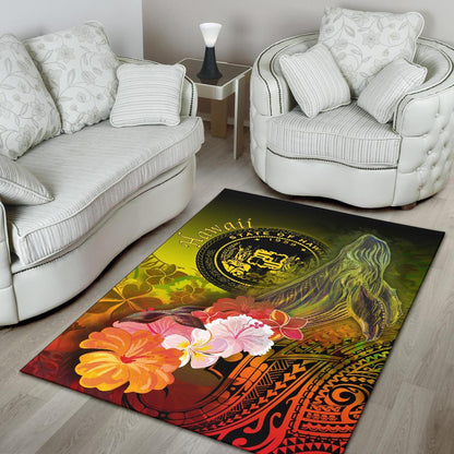 Polynesian Hawaii Area Rug - Humpback Whale with Tropical Flowers (Yellow)-Myprintsy