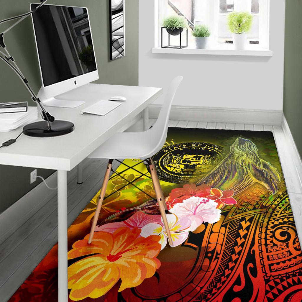 Polynesian Hawaii Area Rug - Humpback Whale with Tropical Flowers (Yellow)-Myprintsy