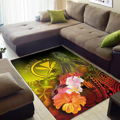 Polynesian Hawaii Area Rugs - Kanaka Maoli Humpback Whale with Tropical Flowers (Yellow)-Myprintsy