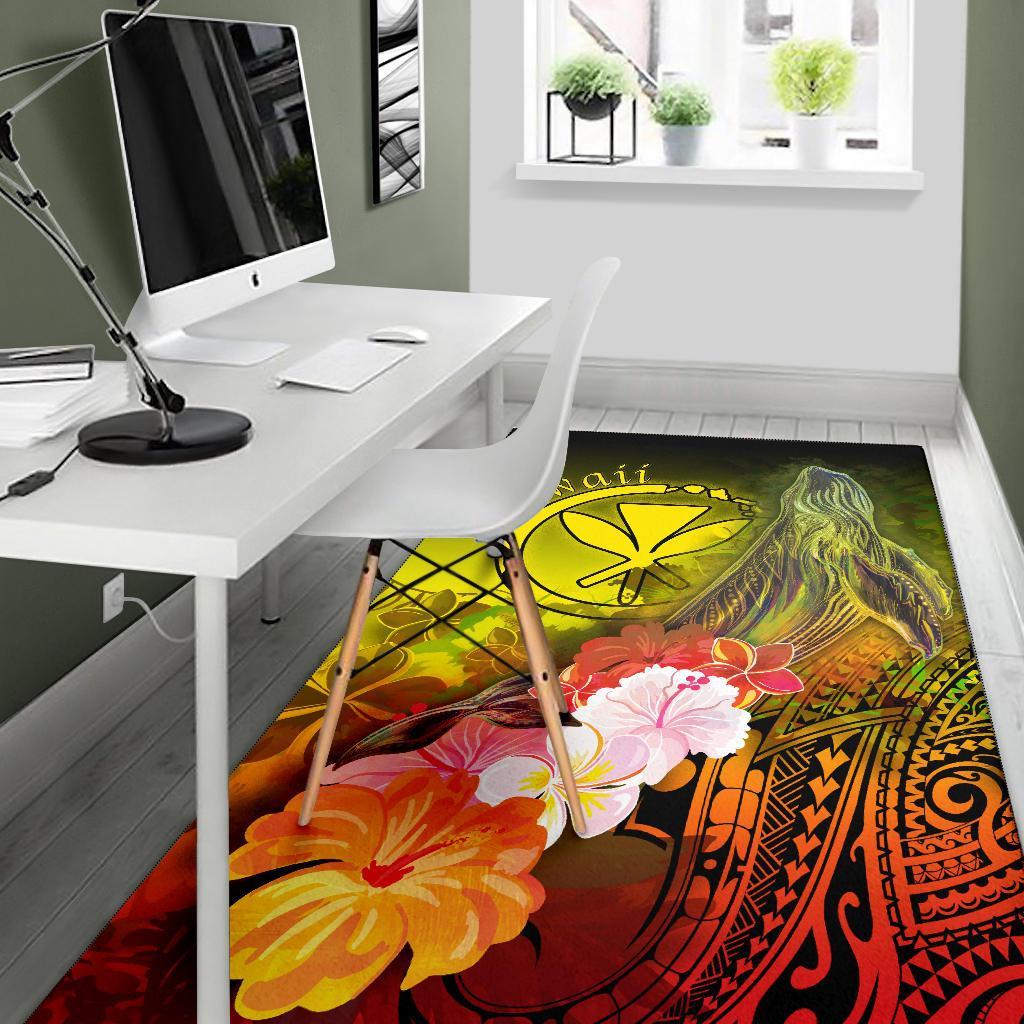 Polynesian Hawaii Area Rugs - Kanaka Maoli Humpback Whale with Tropical Flowers (Yellow)-Myprintsy
