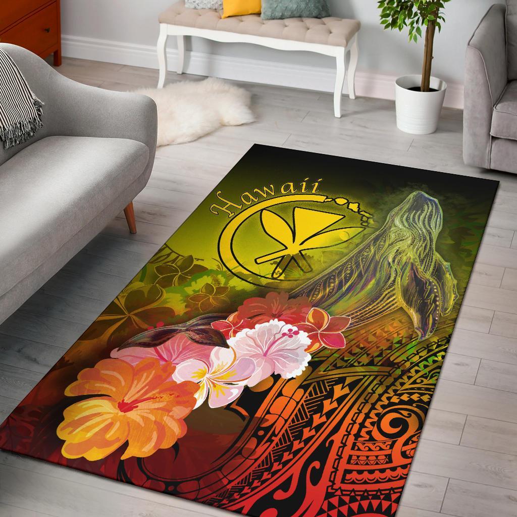 Polynesian Hawaii Area Rugs - Kanaka Maoli Humpback Whale with Tropical Flowers (Yellow)-Myprintsy