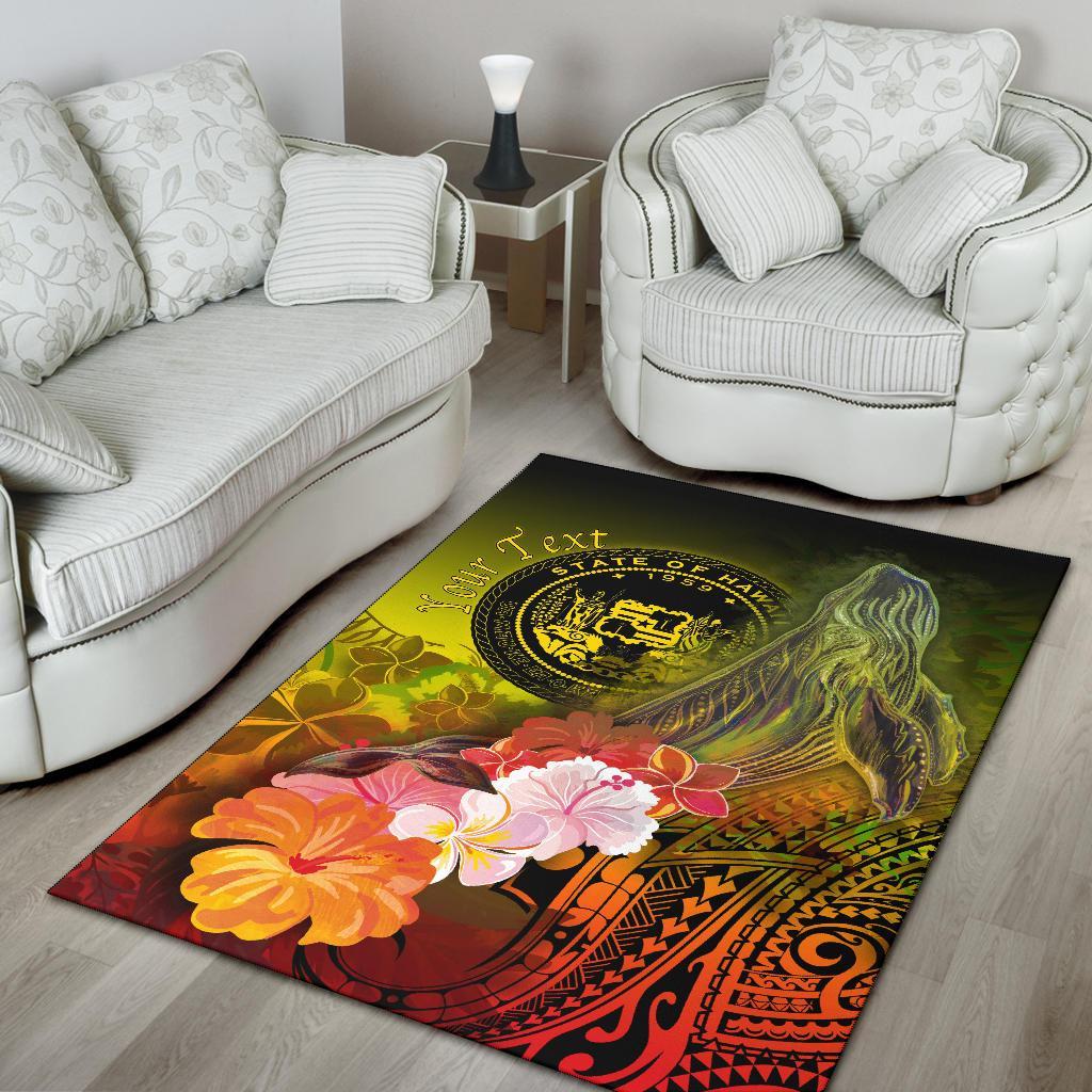 Polynesian Hawaii Custom Personalised Area Rug - Humpback Whale with Tropical Flowers (Yellow)-Myprintsy