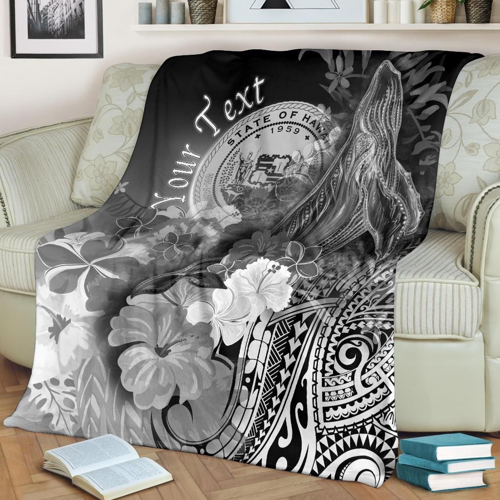Polynesian Hawaii Custom Personalised Premium Blanket - Humpback Whale with Tropical Flowers (White)-Myprintsy