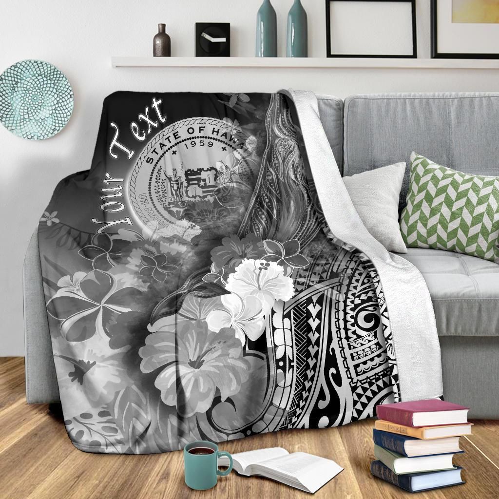Polynesian Hawaii Custom Personalised Premium Blanket - Humpback Whale with Tropical Flowers (White)-Myprintsy