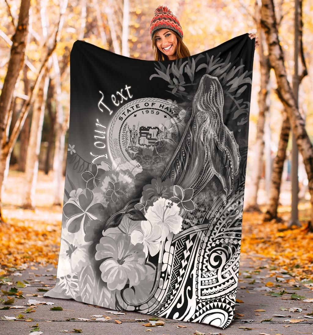 Polynesian Hawaii Custom Personalised Premium Blanket - Humpback Whale with Tropical Flowers (White)-Myprintsy