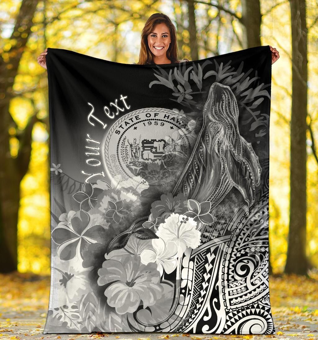 Polynesian Hawaii Custom Personalised Premium Blanket - Humpback Whale with Tropical Flowers (White)-Myprintsy