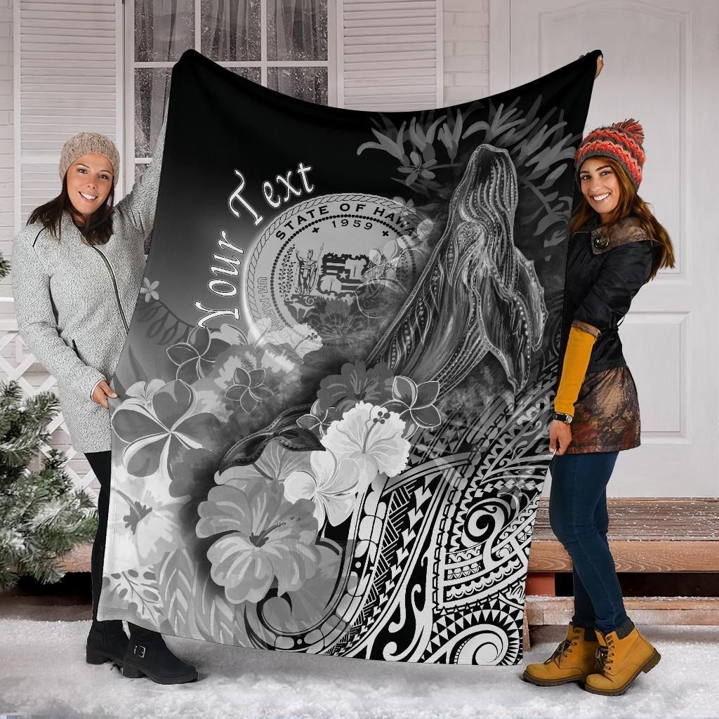 Polynesian Hawaii Custom Personalised Premium Blanket - Humpback Whale with Tropical Flowers (White)-Myprintsy