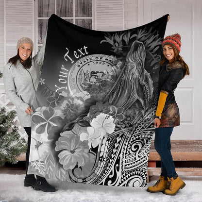 Polynesian Hawaii Custom Personalised Premium Blanket - Humpback Whale with Tropical Flowers (White)-Myprintsy