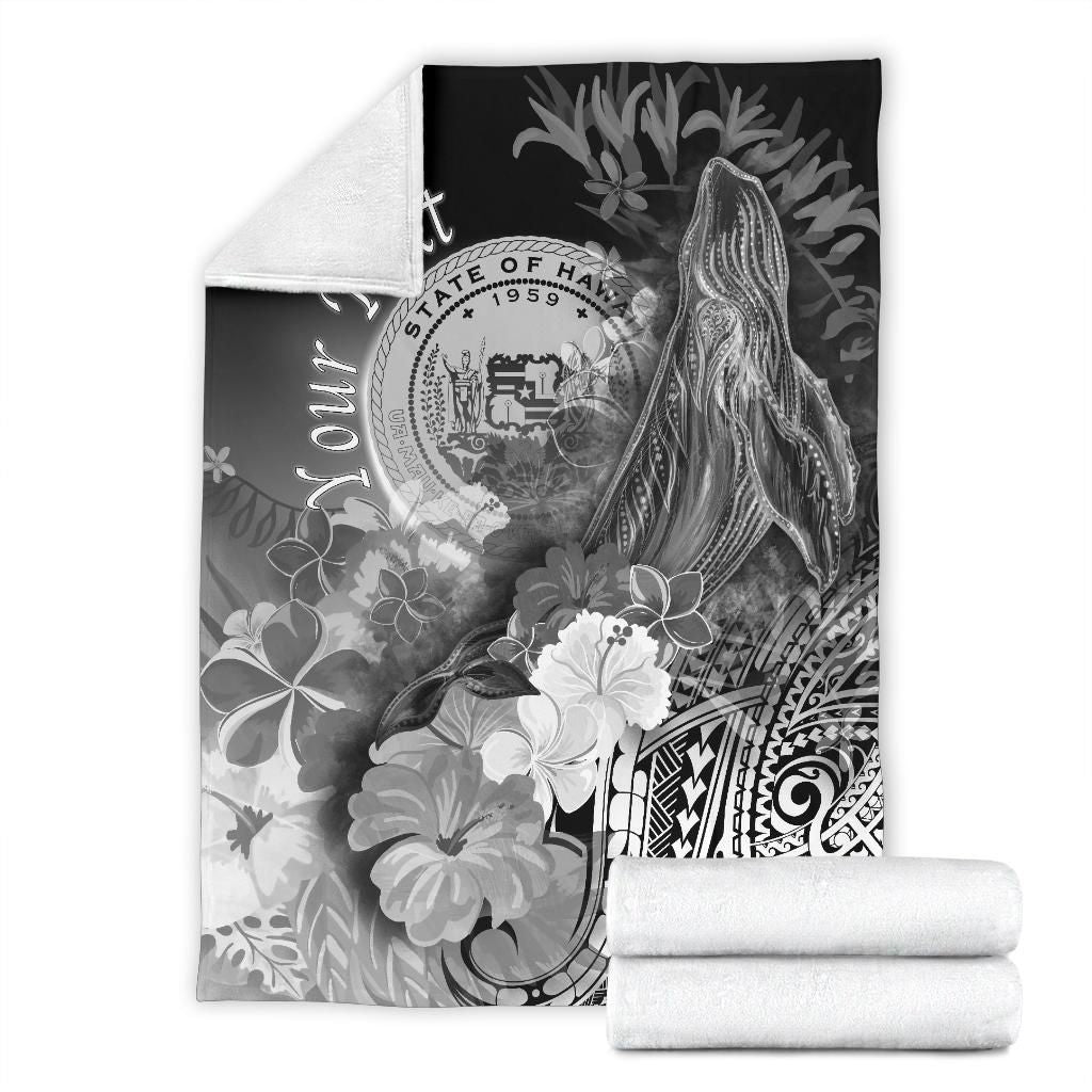 Polynesian Hawaii Custom Personalised Premium Blanket - Humpback Whale with Tropical Flowers (White)-Myprintsy