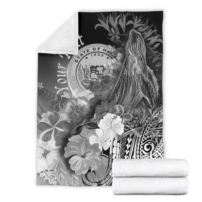 Polynesian Hawaii Custom Personalised Premium Blanket - Humpback Whale with Tropical Flowers (White)-Myprintsy