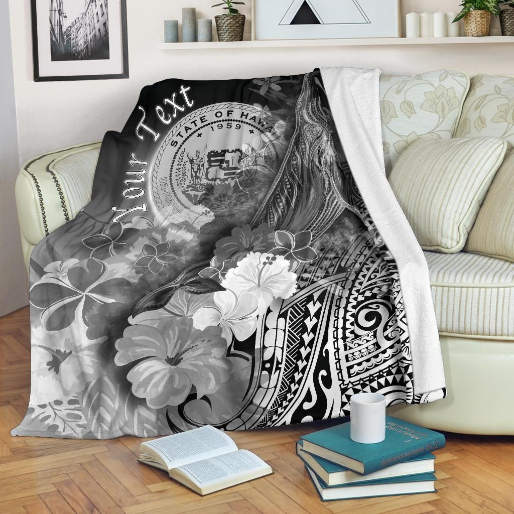 Polynesian Hawaii Custom Personalised Premium Blanket - Humpback Whale with Tropical Flowers (White)-Myprintsy
