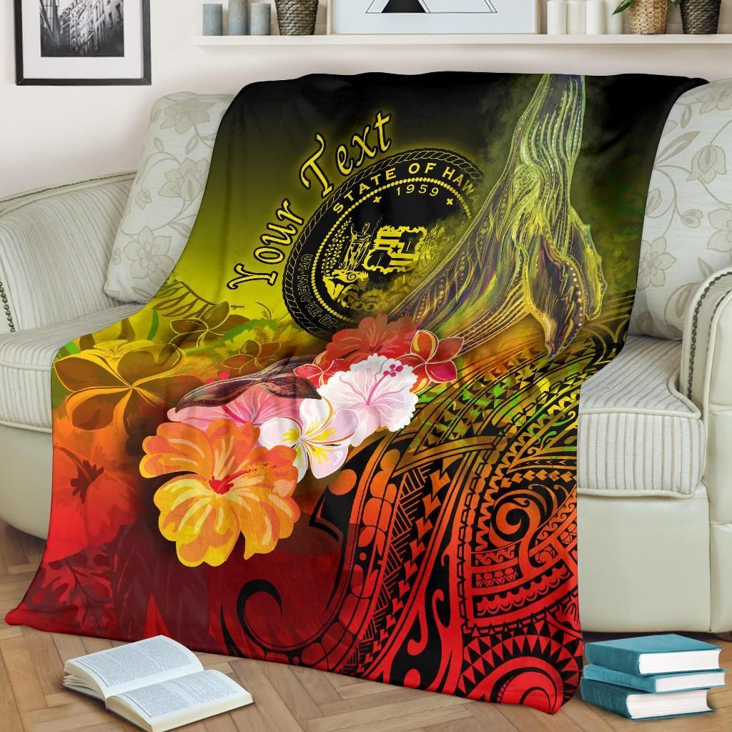 Polynesian Hawaii Custom Personalised Premium Blanket - Humpback Whale with Tropical Flowers (Yellow)-Myprintsy