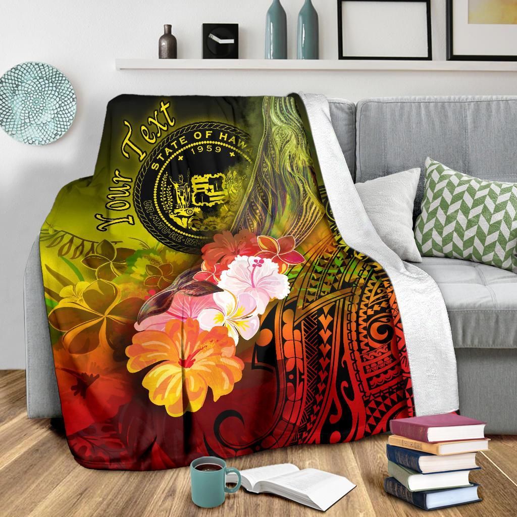 Polynesian Hawaii Custom Personalised Premium Blanket - Humpback Whale with Tropical Flowers (Yellow)-Myprintsy