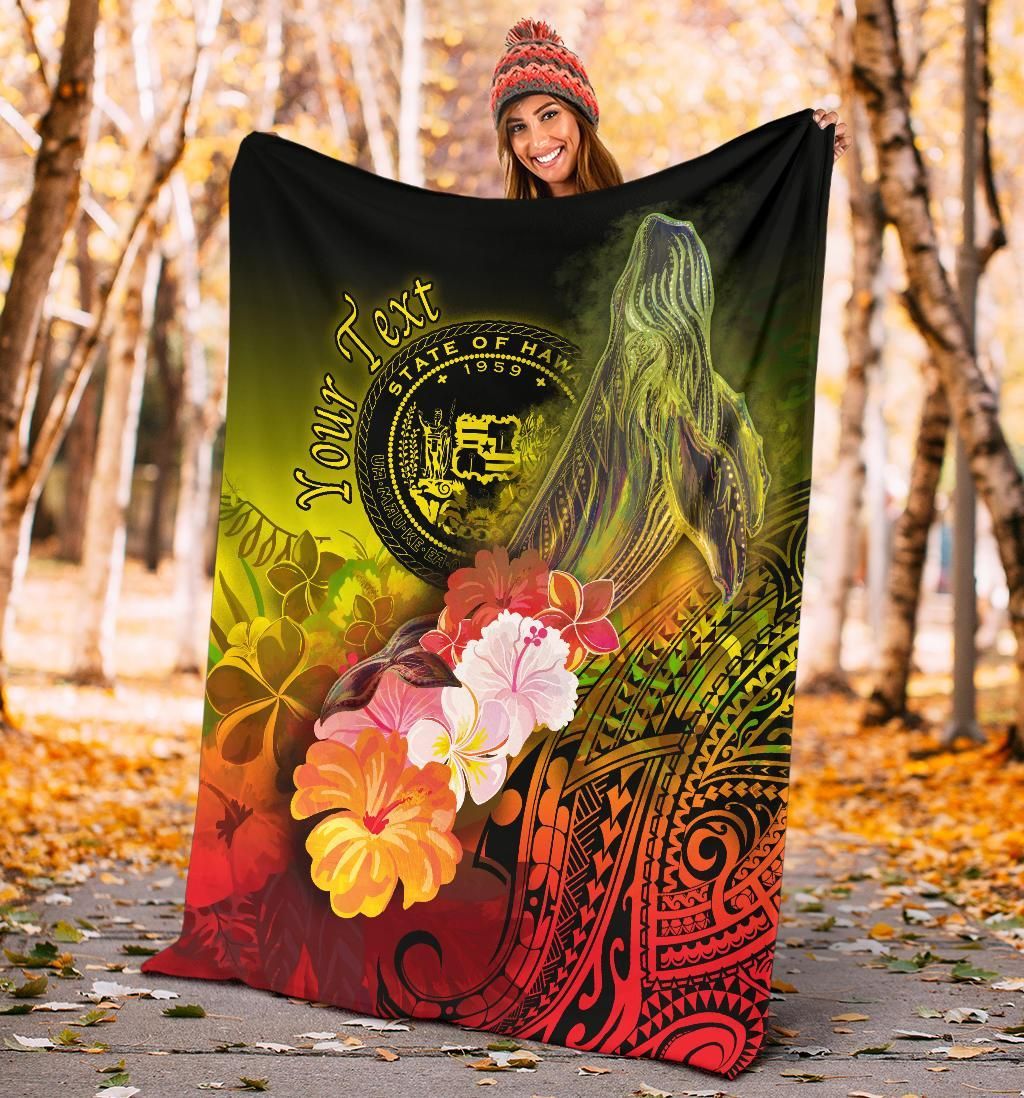 Polynesian Hawaii Custom Personalised Premium Blanket - Humpback Whale with Tropical Flowers (Yellow)-Myprintsy