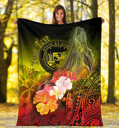 Polynesian Hawaii Custom Personalised Premium Blanket - Humpback Whale with Tropical Flowers (Yellow)-Myprintsy