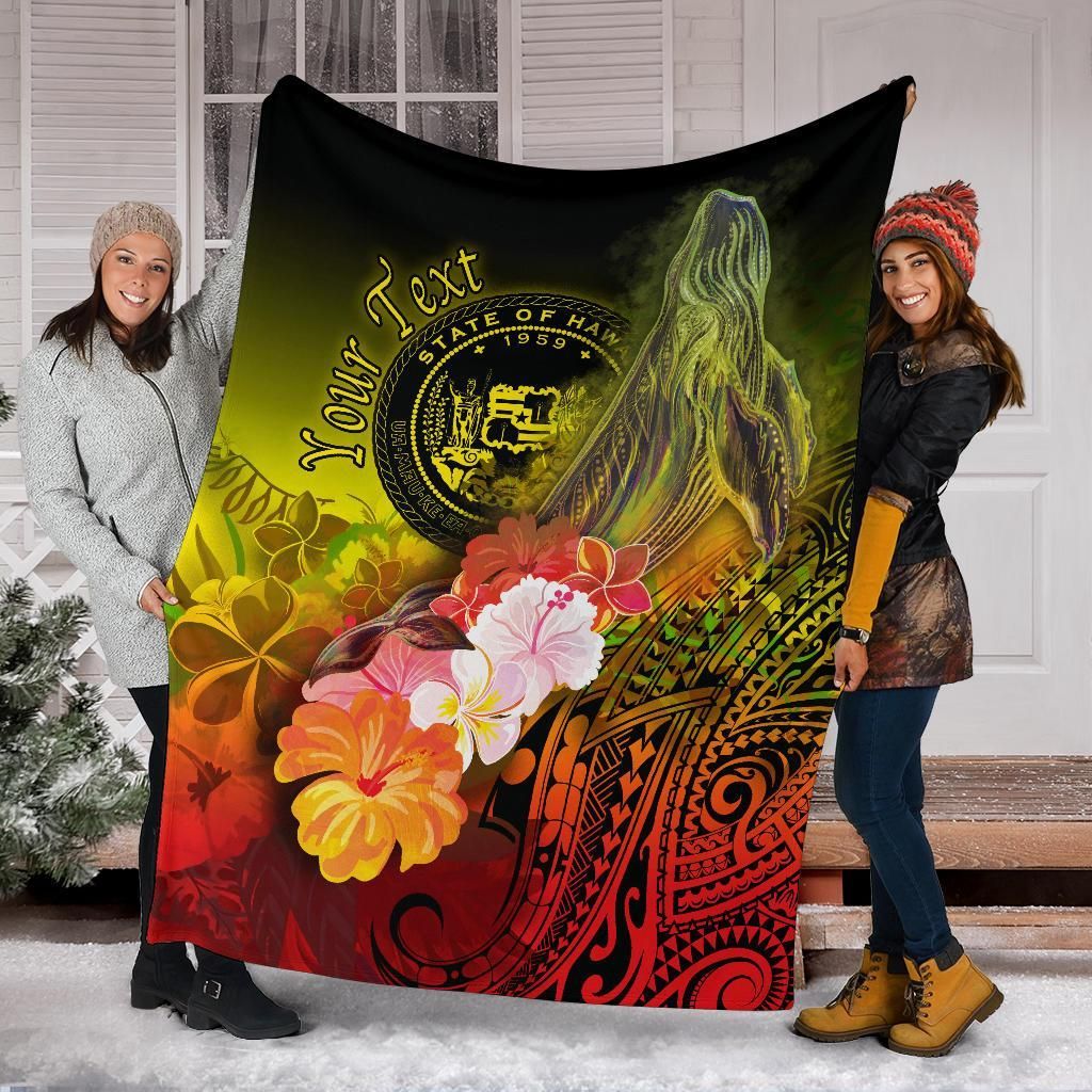 Polynesian Hawaii Custom Personalised Premium Blanket - Humpback Whale with Tropical Flowers (Yellow)-Myprintsy