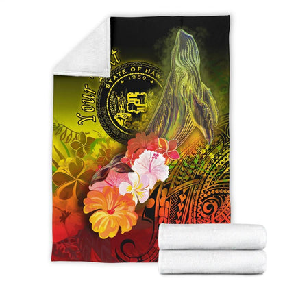 Polynesian Hawaii Custom Personalised Premium Blanket - Humpback Whale with Tropical Flowers (Yellow)-Myprintsy