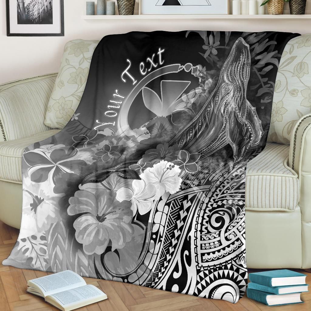 Polynesian Hawaii Custom Personalised Premium Blanket - Kanaka Maoli Humpback Whale with Tropical Flowers (White)-Myprintsy