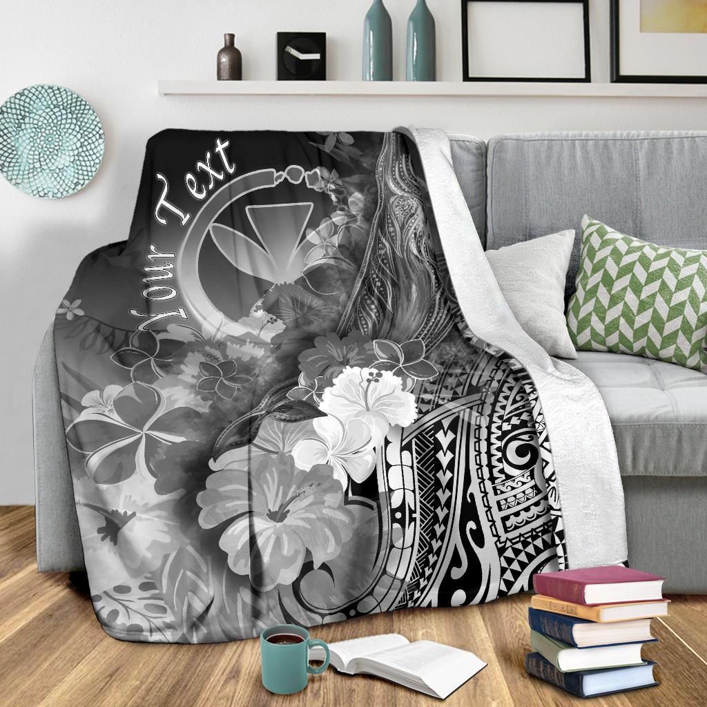 Polynesian Hawaii Custom Personalised Premium Blanket - Kanaka Maoli Humpback Whale with Tropical Flowers (White)-Myprintsy