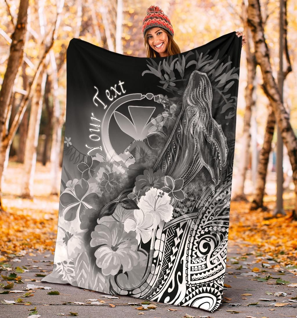 Polynesian Hawaii Custom Personalised Premium Blanket - Kanaka Maoli Humpback Whale with Tropical Flowers (White)-Myprintsy
