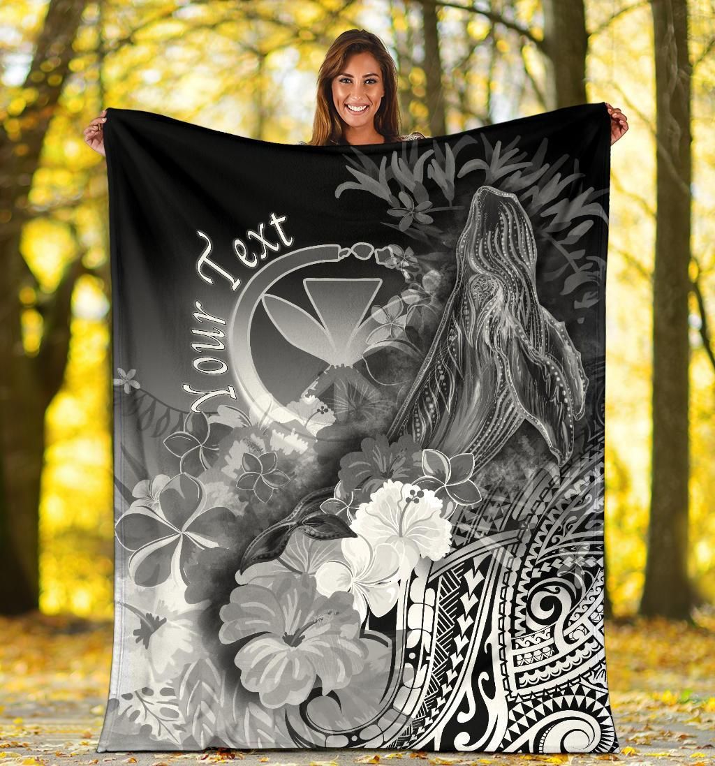 Polynesian Hawaii Custom Personalised Premium Blanket - Kanaka Maoli Humpback Whale with Tropical Flowers (White)-Myprintsy