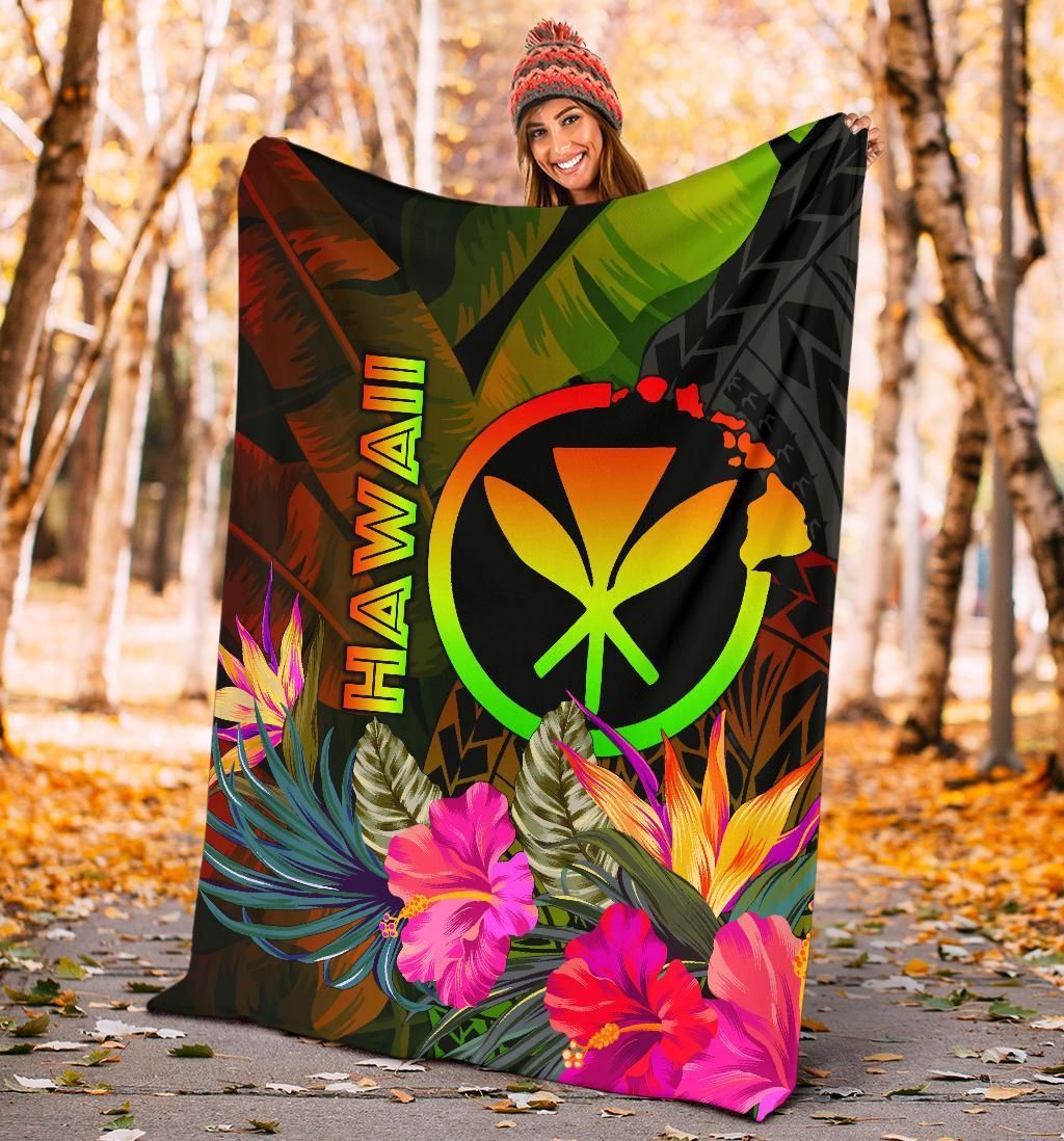 Polynesian Hawaii Kanaka Maoli Polynesian Premium Blanket - Hibiscus and Banana Leaves-Myprintsy