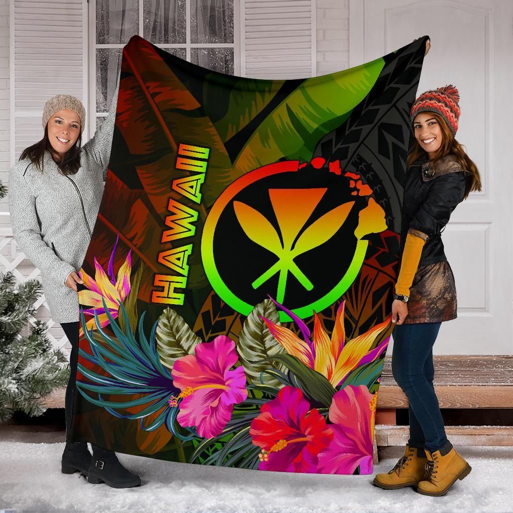 Polynesian Hawaii Kanaka Maoli Polynesian Premium Blanket - Hibiscus and Banana Leaves-Myprintsy