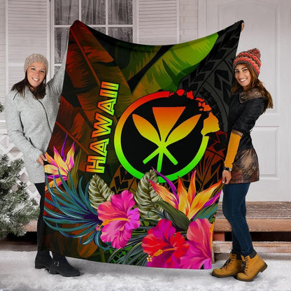 Polynesian Hawaii Kanaka Maoli Polynesian Premium Blanket - Hibiscus and Banana Leaves-Myprintsy