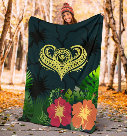 Polynesian Hawaii Kanaka Maoli Premium Blanket - Heart with Hibiscus-Myprintsy