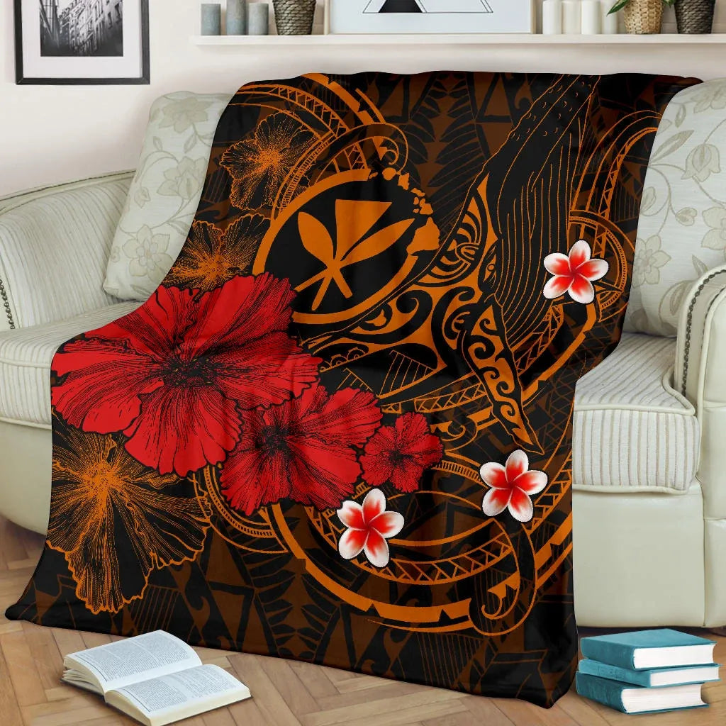 Polynesian Hawaii Kanaka Maoli Premium Blanket - Humpback Whale with Hibiscus (Golden)-Myprintsy
